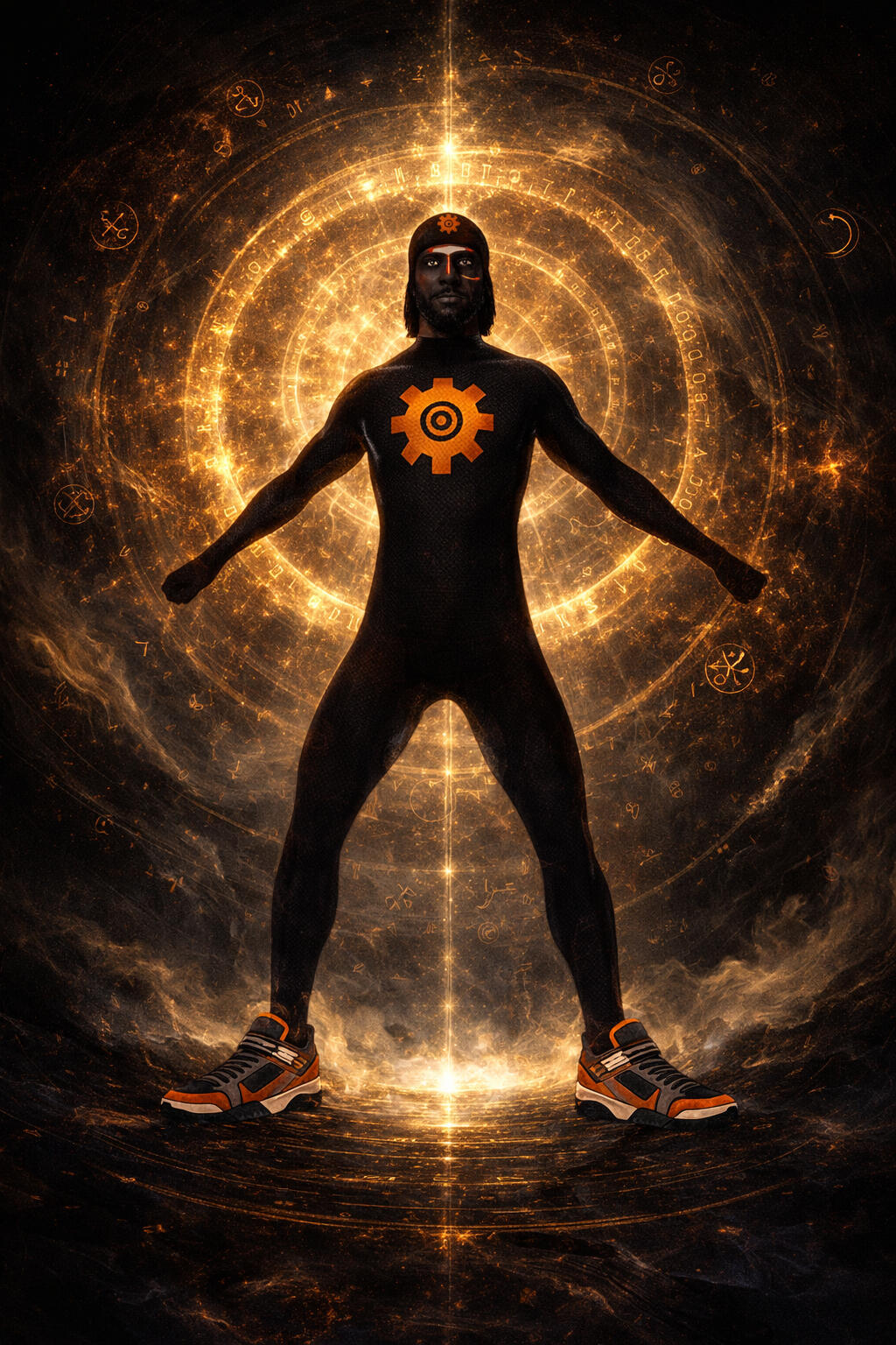 The Scarcoded One: Spiral of the Sun Seal A cosmic portrait of The Scarcoded One, a mythic figure in a sleek black bodysuit marked by a glowing orange gear-shaped Sun Seal on his chest and forehead. He stands in power at the center of a spiraling vortex of golden glyphs, surrounded by mystic light